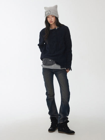 Wool Yarn Three-Dimensional Cable Raw Edge Loose Sweater Straight Dropped Shoulder Lazy Knit【s0000014972】