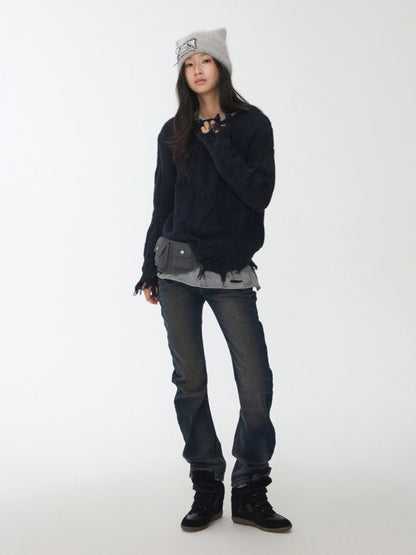 Wool Yarn Three-Dimensional Cable Raw Edge Loose Sweater Straight Dropped Shoulder Lazy Knit【s0000014972】