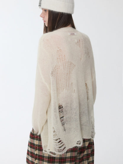 Mohair Star Cut-Out Hole Big Cardigan Lazy Slightly Transparent Loose Knit Jacket【s0000014973】