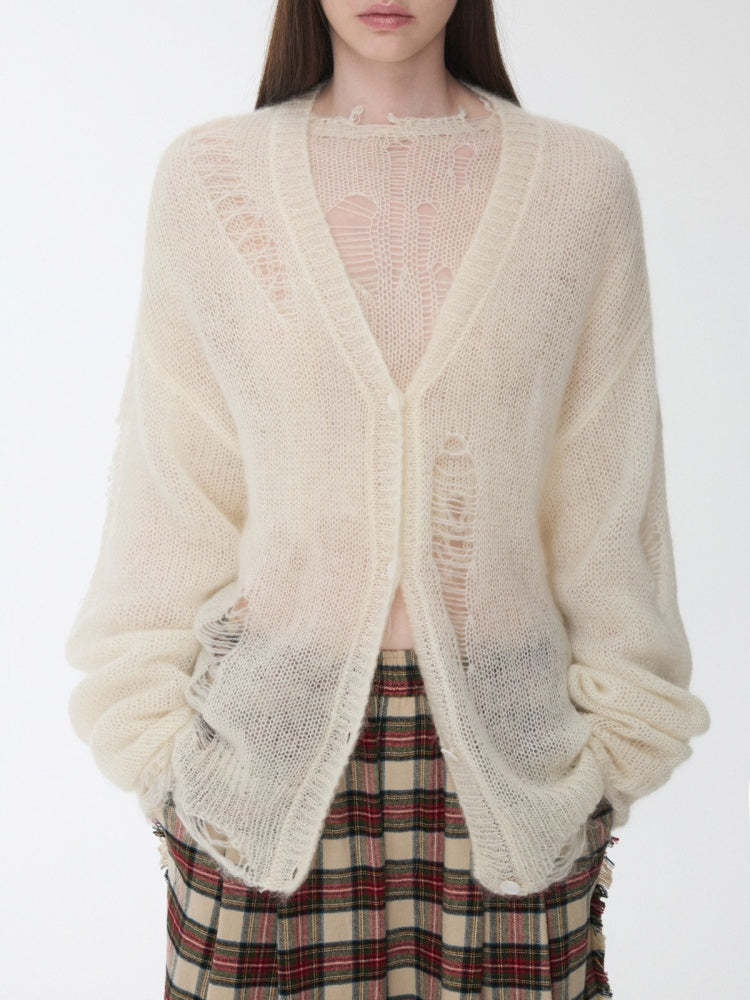 Mohair Star Cut-Out Hole Big Cardigan Lazy Slightly Transparent Loose Knit Jacket【s0000014973】