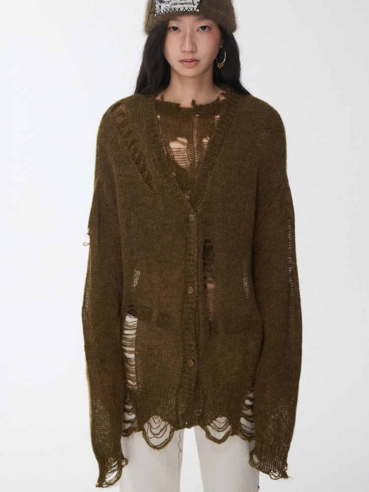 Mohair Star Cut-Out Hole Big Cardigan Lazy Slightly Transparent Loose Knit Jacket【s0000014973】