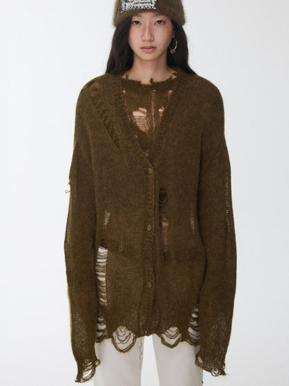 Mohair Star Cut-Out Hole Big Cardigan Lazy Slightly Transparent Loose Knit Jacket【s0000014973】