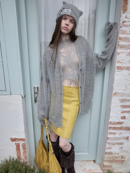Mohair Star Cut-Out Hole Big Cardigan Lazy Slightly Transparent Loose Knit Jacket【s0000014973】