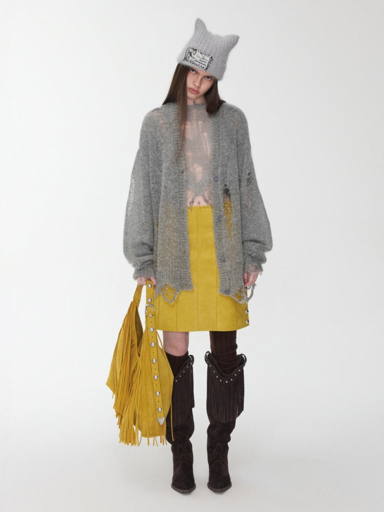Mohair Star Cut-Out Hole Big Cardigan Lazy Slightly Transparent Loose Knit Jacket【s0000014973】