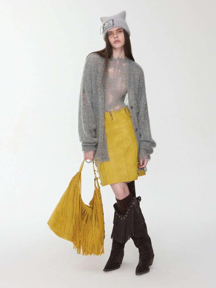Mohair Star Cut-Out Hole Big Cardigan Lazy Slightly Transparent Loose Knit Jacket【s0000014973】