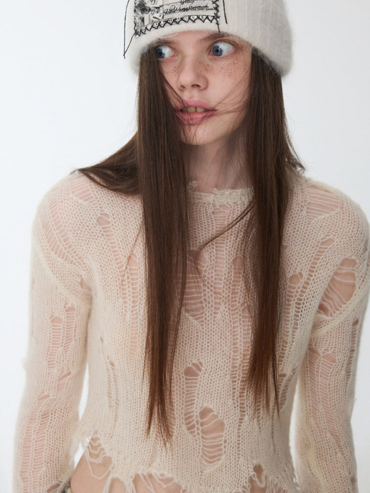 Mohair Cut-Out Hole Slim Sweater Slightly Sheer Fit Casual Knit Top【s0000014974】