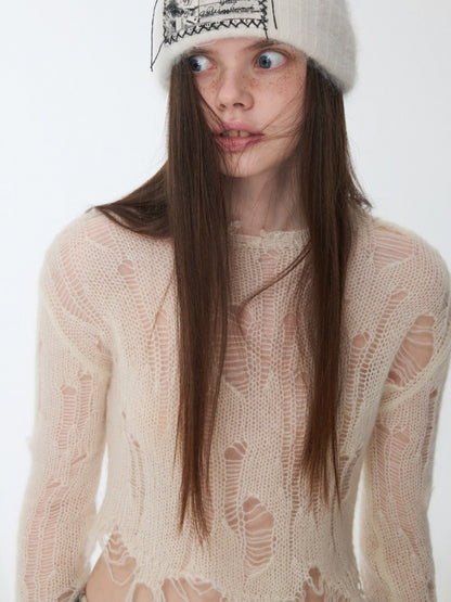 Mohair Cut-Out Hole Slim Sweater Slightly Sheer Fit Casual Knit Top【s0000014974】