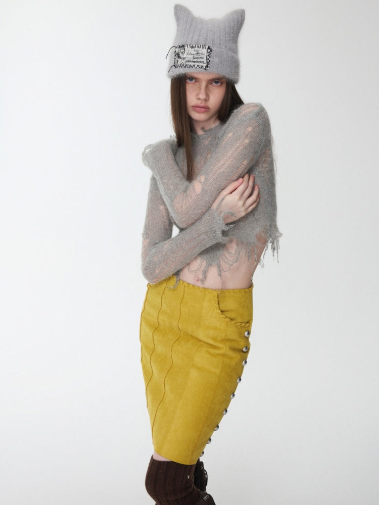 Mohair Cut-Out Hole Slim Sweater Slightly Sheer Fit Casual Knit Top【s0000014974】