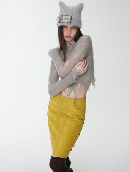 Mohair Cut-Out Hole Slim Sweater Slightly Sheer Fit Casual Knit Top【s0000014974】