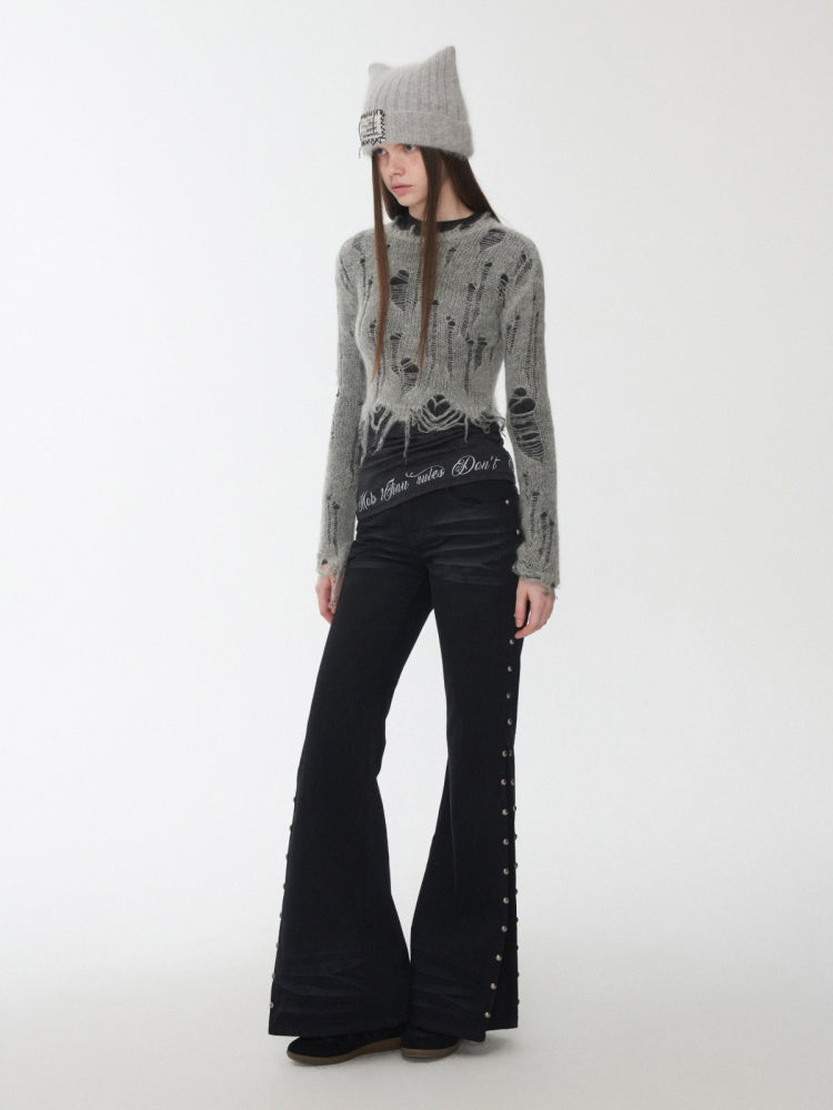 Mohair Cut-Out Hole Slim Sweater Slightly Sheer Fit Casual Knit Top【s0000014974】