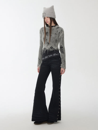 Mohair Cut-Out Hole Slim Sweater Slightly Sheer Fit Casual Knit Top【s0000014974】