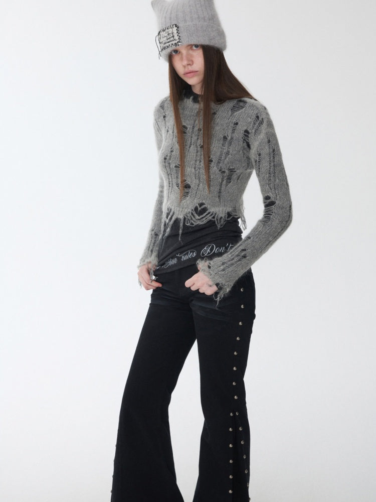 Mohair Cut-Out Hole Slim Sweater Slightly Sheer Fit Casual Knit Top【s0000014974】