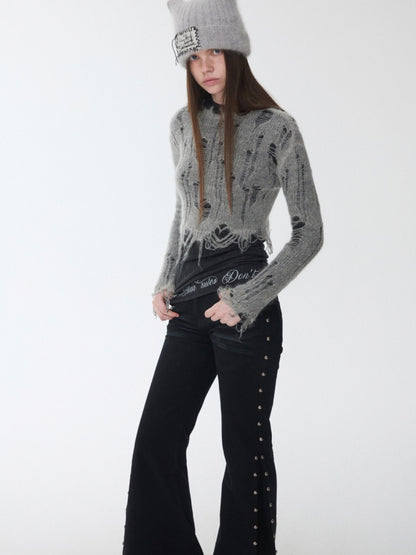 Mohair Cut-Out Hole Slim Sweater Slightly Sheer Fit Casual Knit Top【s0000014974】