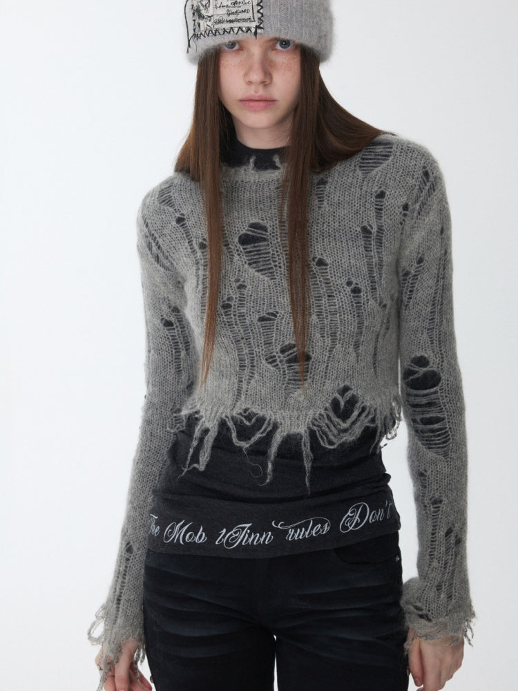 Mohair Cut-Out Hole Slim Sweater Slightly Sheer Fit Casual Knit Top【s0000014974】