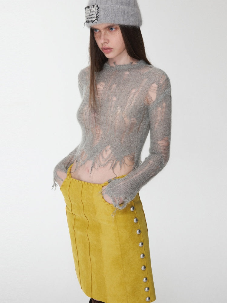 Mohair Cut-Out Hole Slim Sweater Slightly Sheer Fit Casual Knit Top【s0000014974】