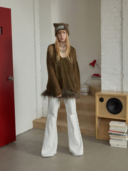 Mohair Star Cut-Out V-Neck Knit Sweater Lazy Slightly Sheer Loose Top【s0000014975】