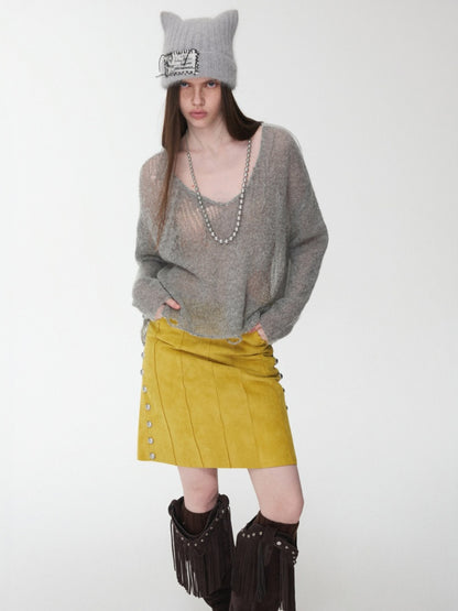 Mohair Star Cut-Out V-Neck Knit Sweater Lazy Slightly Sheer Loose Top【s0000014975】