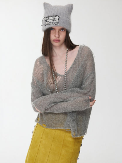 Mohair Star Cut-Out V-Neck Knit Sweater Lazy Slightly Sheer Loose Top【s0000014975】