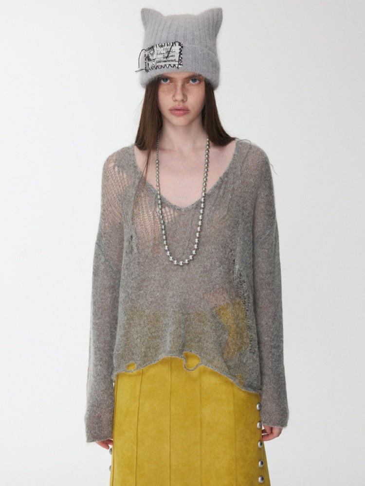 Mohair Star Cut-Out V-Neck Knit Sweater Lazy Slightly Sheer Loose Top【s0000014975】