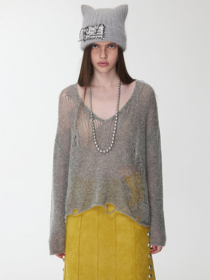 Mohair Star Cut-Out V-Neck Knit Sweater Lazy Slightly Sheer Loose Top【s0000014975】