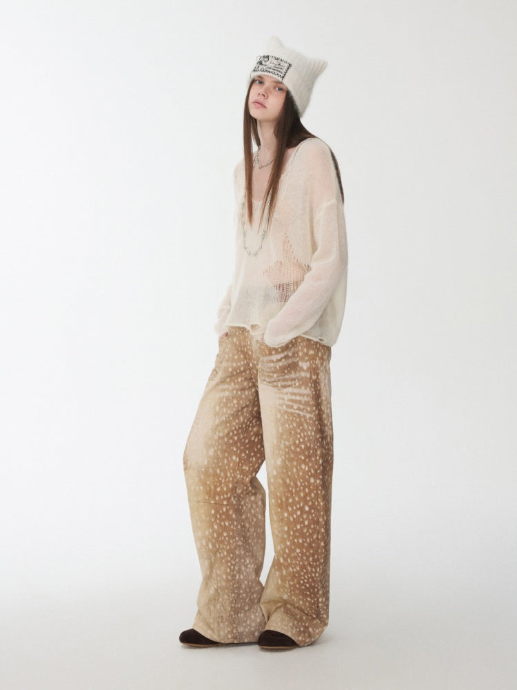 Mohair Star Cut-Out V-Neck Knit Sweater Lazy Slightly Sheer Loose Top【s0000014975】
