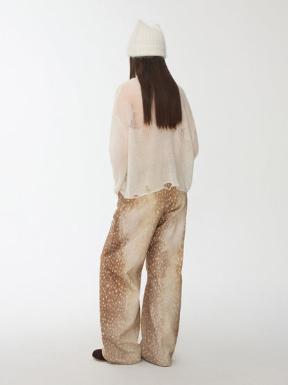 Mohair Star Cut-Out V-Neck Knit Sweater Lazy Slightly Sheer Loose Top【s0000014975】