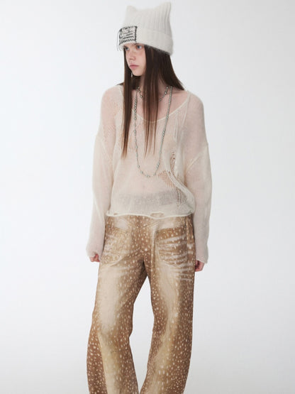 Mohair Star Cut-Out V-Neck Knit Sweater Lazy Slightly Sheer Loose Top【s0000014975】