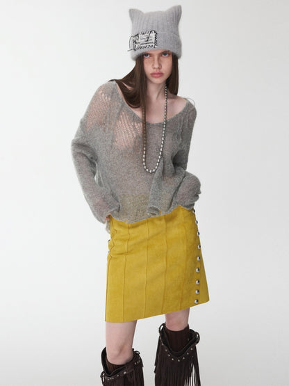 Mohair Star Cut-Out V-Neck Knit Sweater Lazy Slightly Sheer Loose Top【s0000014975】