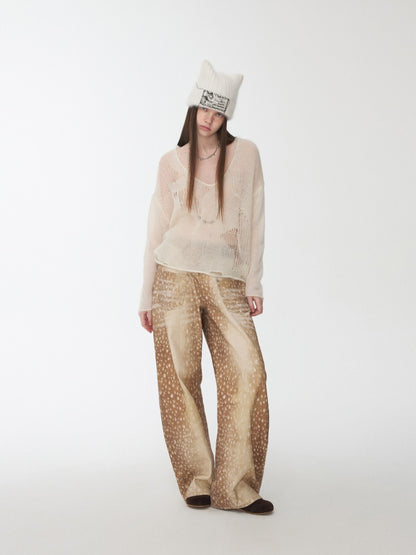 Mohair Star Cut-Out V-Neck Knit Sweater Lazy Slightly Sheer Loose Top【s0000014975】