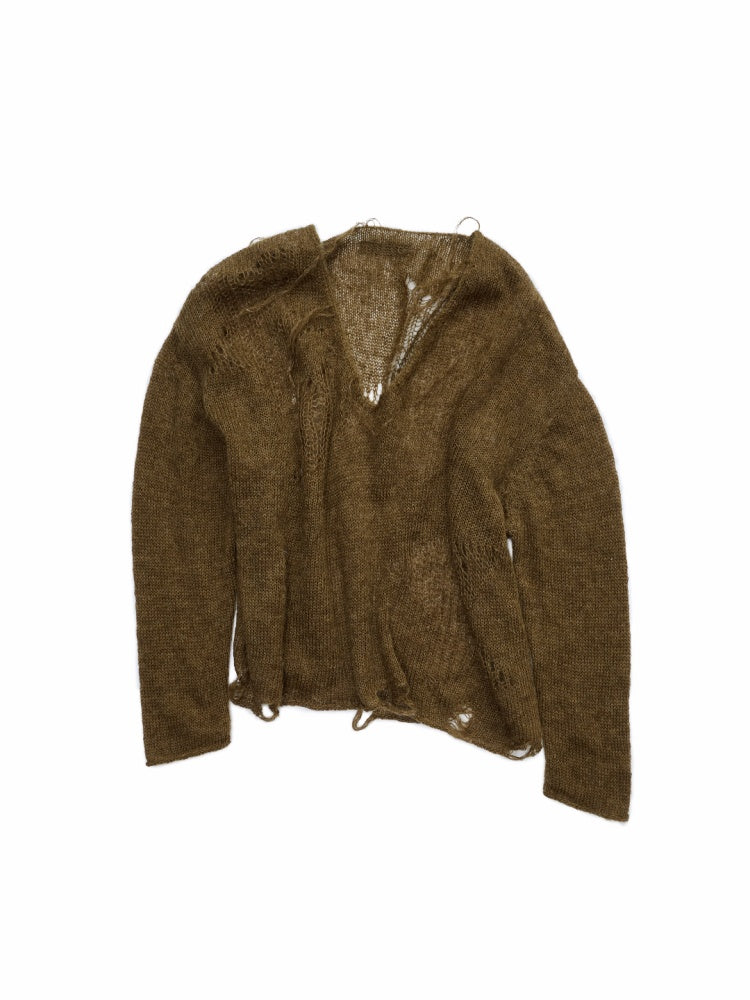 Mohair Star Cut-Out V-Neck Knit Sweater Lazy Slightly Sheer Loose Top【s0000014975】