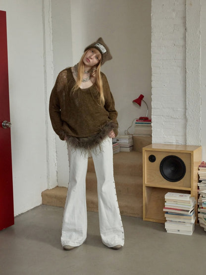 Mohair Star Cut-Out V-Neck Knit Sweater Lazy Slightly Sheer Loose Top【s0000014975】