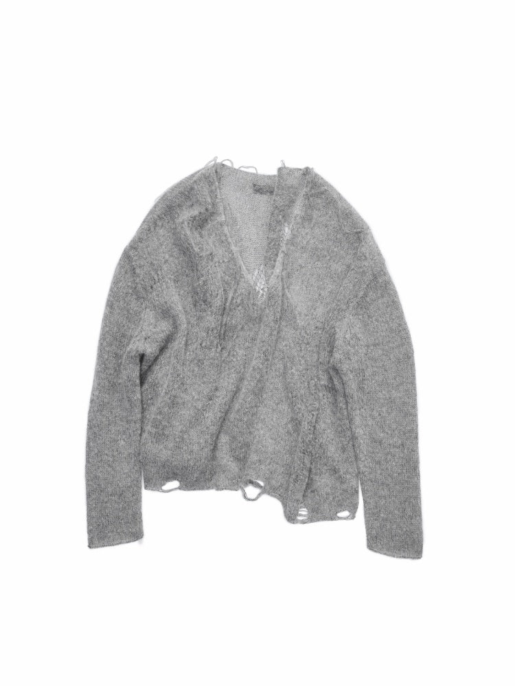 Mohair Star Cut-Out V-Neck Knit Sweater Lazy Slightly Sheer Loose Top【s0000014975】