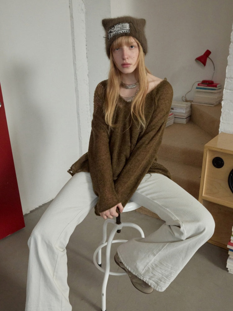 Mohair Star Cut-Out V-Neck Knit Sweater Lazy Slightly Sheer Loose Top【s0000014975】