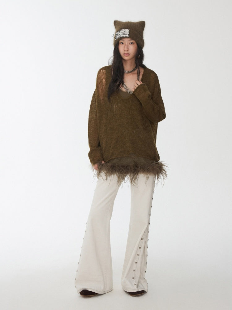 Mohair Star Cut-Out V-Neck Knit Sweater Lazy Slightly Sheer Loose Top【s0000014975】