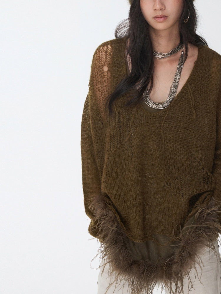 Mohair Star Cut-Out V-Neck Knit Sweater Lazy Slightly Sheer Loose Top【s0000014975】