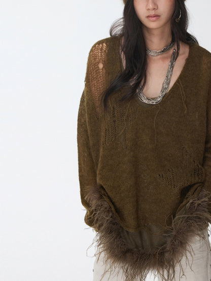 Mohair Star Cut-Out V-Neck Knit Sweater Lazy Slightly Sheer Loose Top【s0000014975】