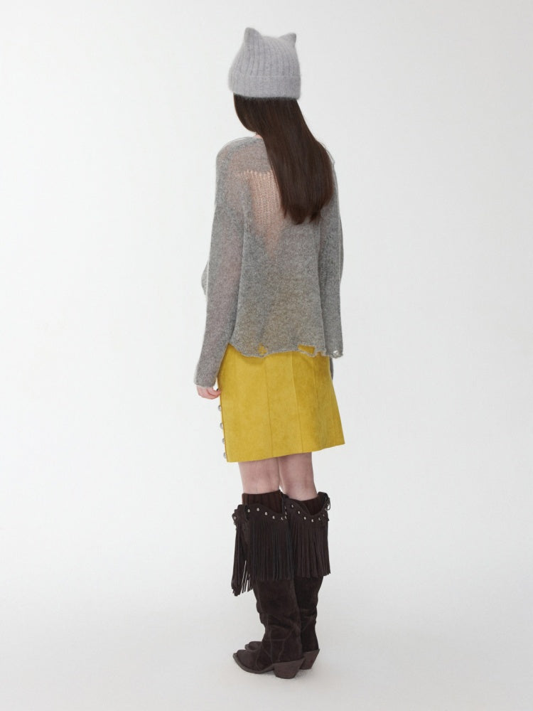 Mohair Star Cut-Out V-Neck Knit Sweater Lazy Slightly Sheer Loose Top【s0000014975】