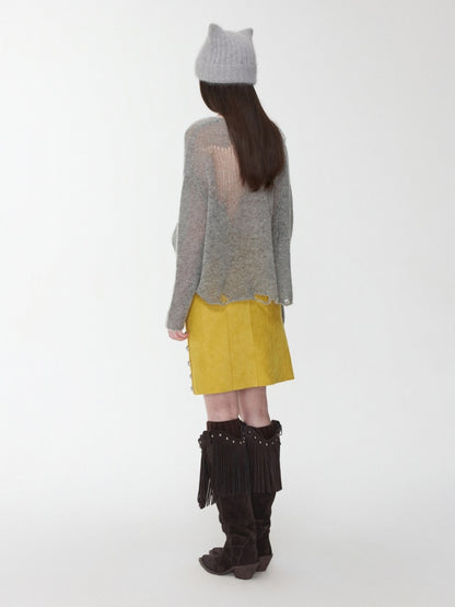 Mohair Star Cut-Out V-Neck Knit Sweater Lazy Slightly Sheer Loose Top【s0000014975】