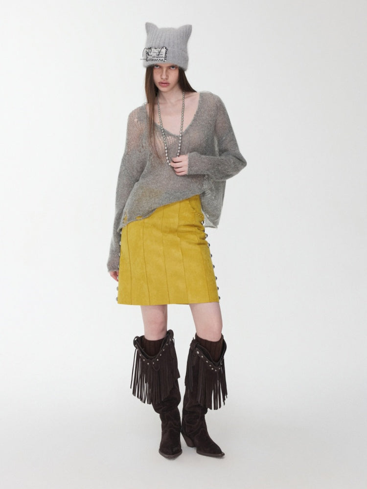 Mohair Star Cut-Out V-Neck Knit Sweater Lazy Slightly Sheer Loose Top【s0000014975】
