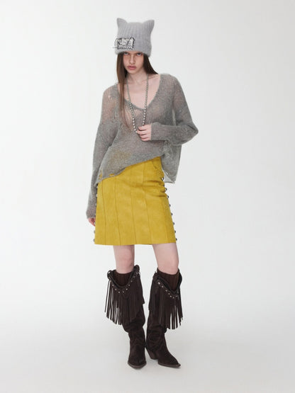 Mohair Star Cut-Out V-Neck Knit Sweater Lazy Slightly Sheer Loose Top【s0000014975】