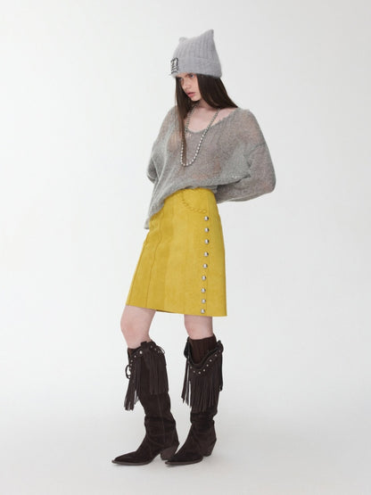 Mohair Star Cut-Out V-Neck Knit Sweater Lazy Slightly Sheer Loose Top【s0000014975】