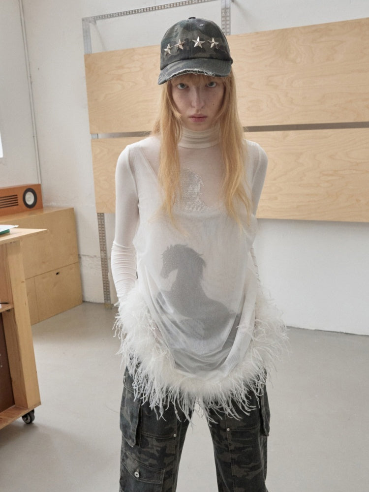Ostrich Feather Hem See-Through Mesh Base Vest Permed Diamond Large U-Neck Design Top【s0000014976】