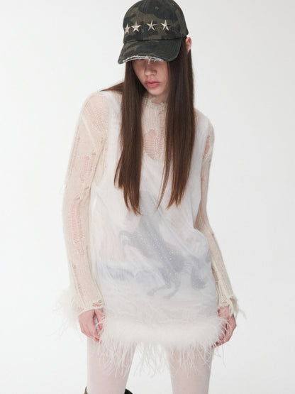 Ostrich Feather Hem See-Through Mesh Base Vest Permed Diamond Large U-Neck Design Top【s0000014976】