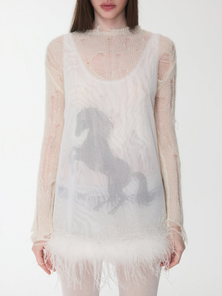 Ostrich Feather Hem See-Through Mesh Base Vest Permed Diamond Large U-Neck Design Top【s0000014976】