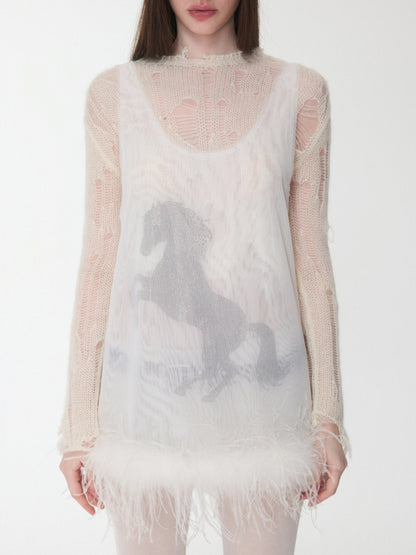 Ostrich Feather Hem See-Through Mesh Base Vest Permed Diamond Large U-Neck Design Top【s0000014976】