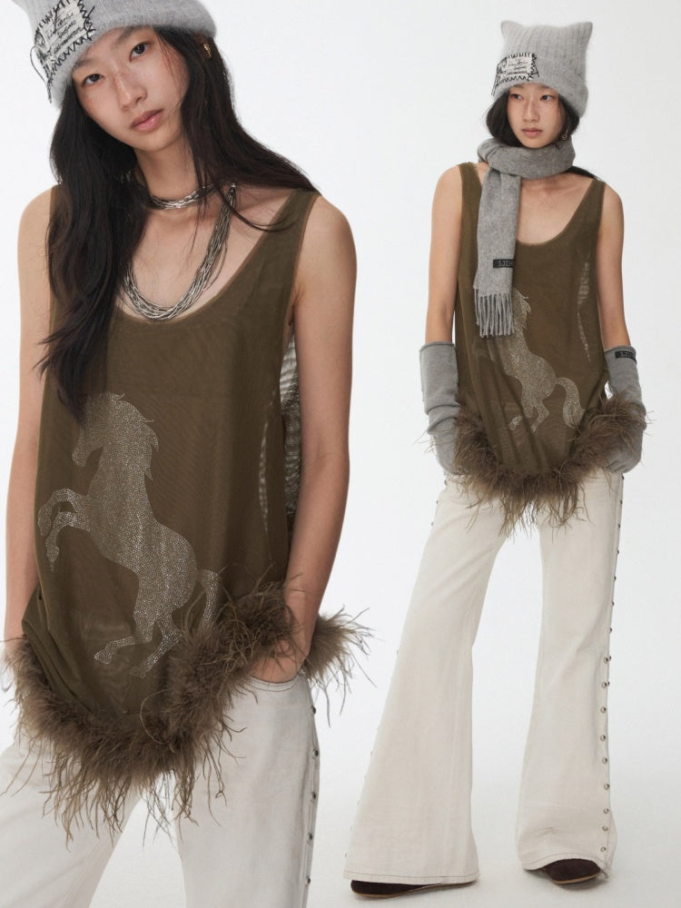 Ostrich Feather Hem See-Through Mesh Base Vest Permed Diamond Large U-Neck Design Top【s0000014976】