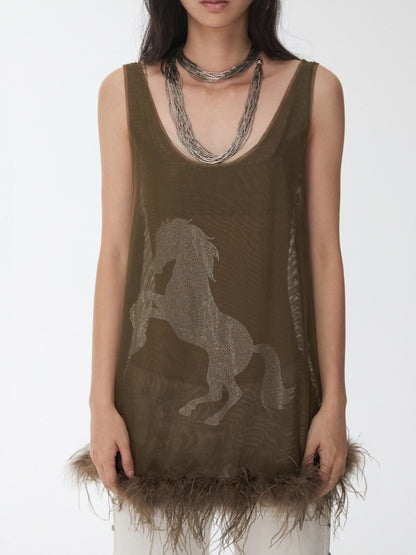 Ostrich Feather Hem See-Through Mesh Base Vest Permed Diamond Large U-Neck Design Top【s0000014976】