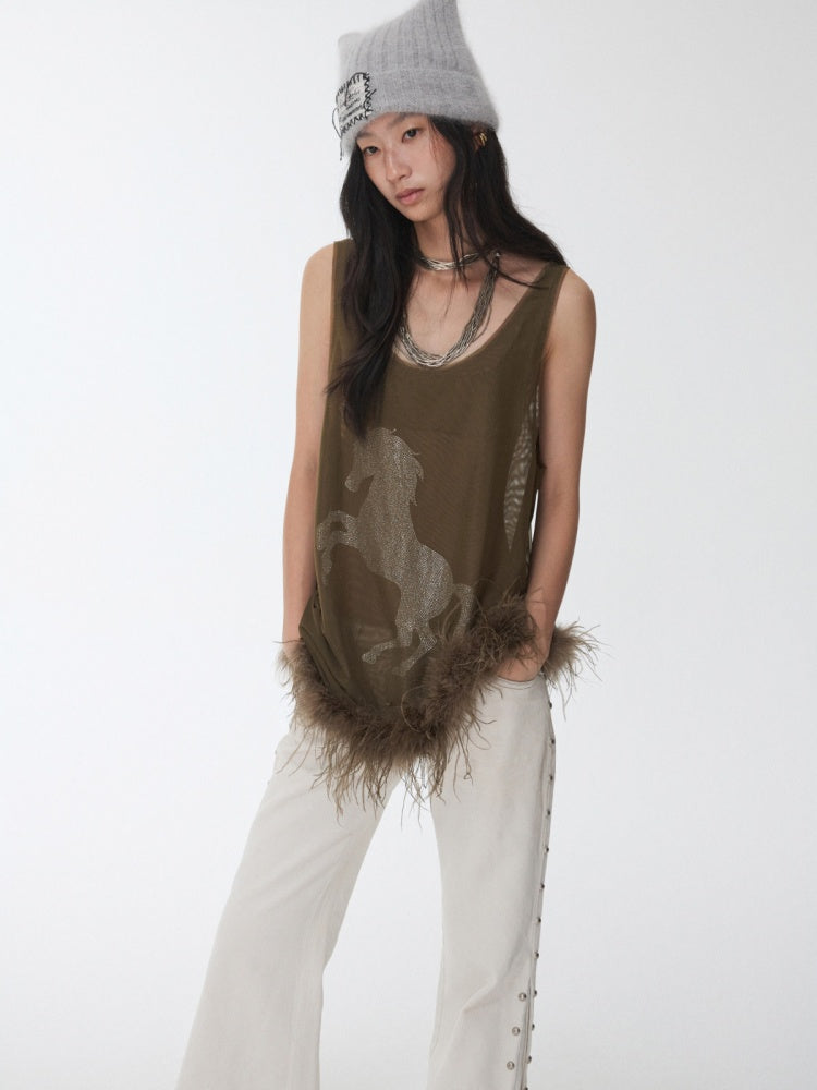 Ostrich Feather Hem See-Through Mesh Base Vest Permed Diamond Large U-Neck Design Top【s0000014976】