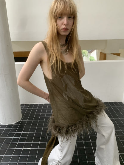 Ostrich Feather Hem See-Through Mesh Base Vest Permed Diamond Large U-Neck Design Top【s0000014976】