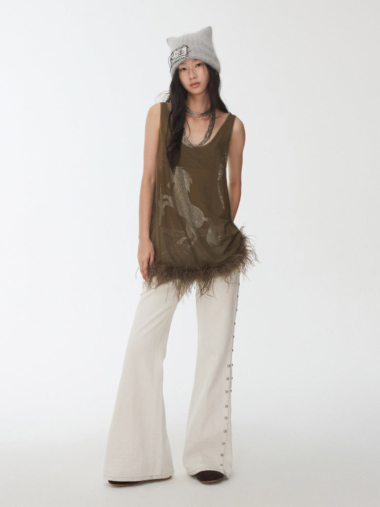 Ostrich Feather Hem See-Through Mesh Base Vest Permed Diamond Large U-Neck Design Top【s0000014976】